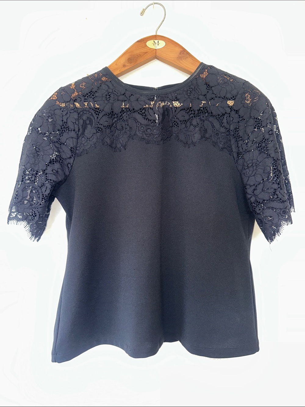 Ann Taylor Black Lace Yoke Short Sleeve Top